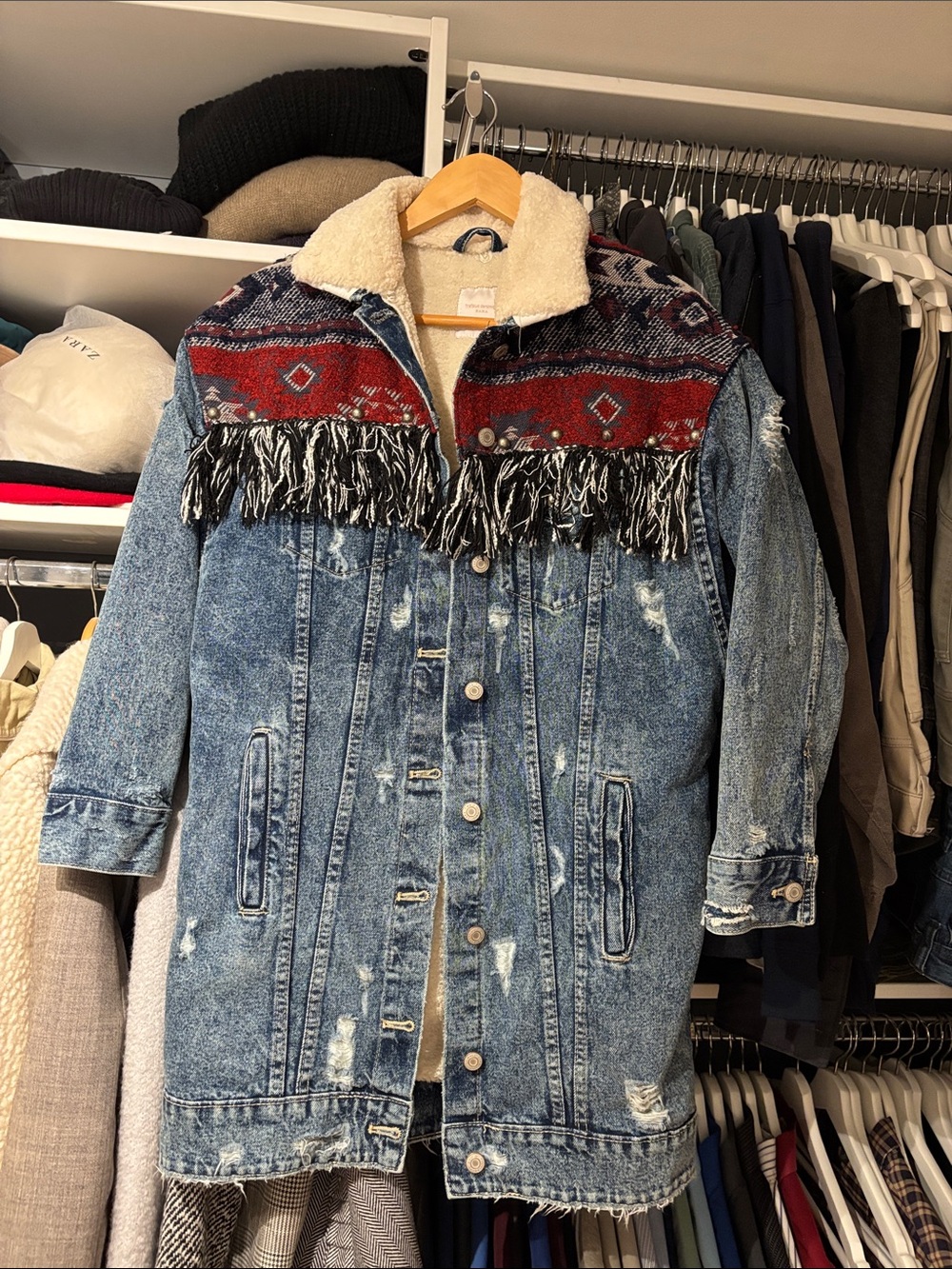 Zara Blue Distressed Denim Sherpa Coat with Red Aztec Yoke & Fringe